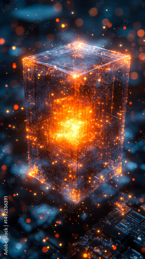 Poster quantum computer illustration with glowing particles symbolizing advanced computing power