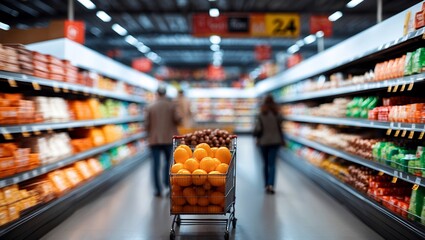 Fototapeta premium Dynamic shopping experience in a blurred supermarket aisle