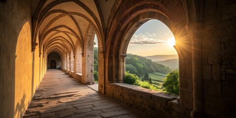 Fototapeta premium Sunlit Cloister Archway with Scenic Sunset View