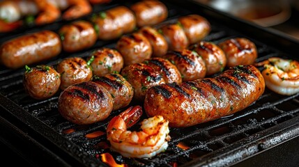 Close-up of sausages and shrimp grilling on a barbecue with char marks and herbs visible on the meat, evoking a warm and appetizing outdoor cooking scene