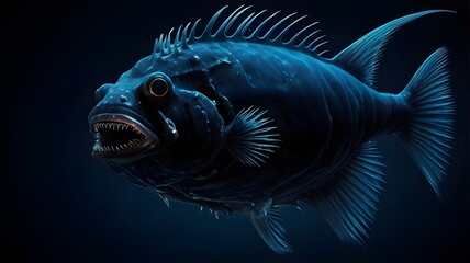 Creature of the Deep: An intriguing view of a fearsome ocean fish in stunning blue shades, captured with incredible detail, displaying a formidable presence.