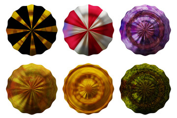 Set of six decorative round elements with texture. 3D render.