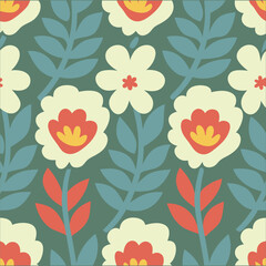 Botanical Pattern with Flowers, Spring Floral Repeat Print, Hand-Drawn Flower Pattern with Leaves and Blooms. 