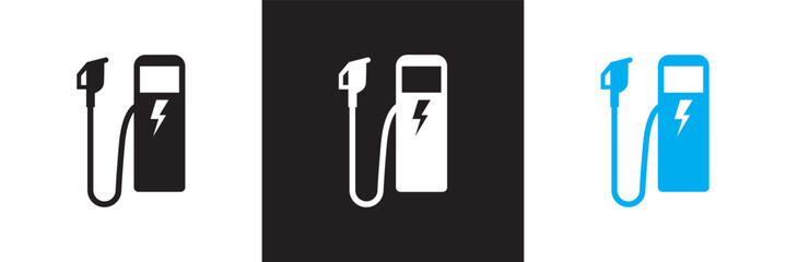 EV station icon. Electric charging station with plug. Vector for websites, mobile interfaces, presentations, banner, visual branding etc. Vector illustration. isolated on white and black background. 