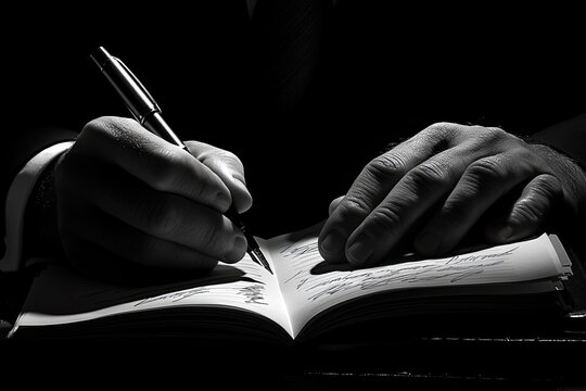 Close-up view of hands writing in a notebook.