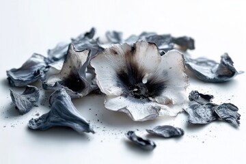 Close-up of several delicate white pincushion mushrooms with black centers and edges scattered on a white surface with soft natural lighting
