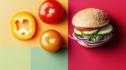 Colorful ingredients for a delicious burger with fresh vegetables