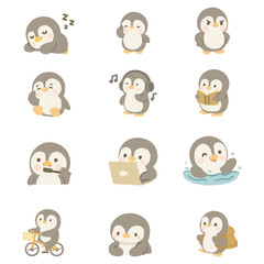 Fototapeta premium Adorable Penguin Doodle cartoon set