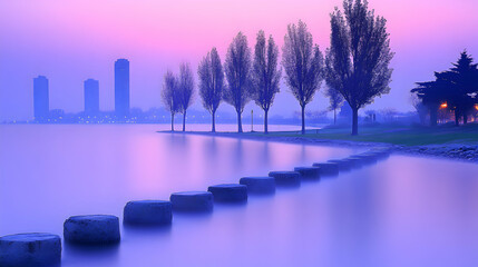 Tranquil waterscape captures the serene stillness of a misty dawn horizon