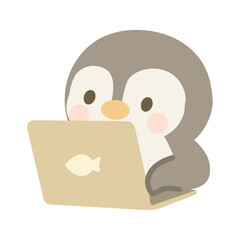 Cartoon Penguin Using Laptop Illustration