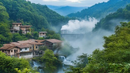 Serene Mountain Village with Waterfalls and Misty Background in Lush Green Landscape