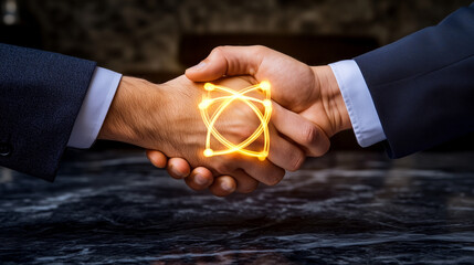 Close-up of two hands shaking over glowing atomic symbol on dark marble table, symbolizing diplomatic agreement, international cooperation, peace treaty and nuclear deal negotiation concept.