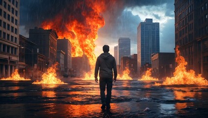 Fototapeta premium Elemental cityscape a man's journey through nature's forces