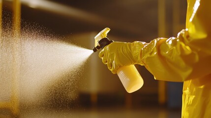 Person in protective gear using spray bottle demonstrating cleaning or disinfection process