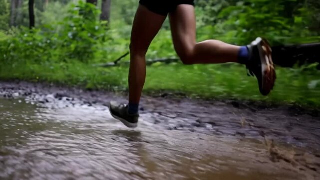 Runner splashes through muddy puddle on forest trail. Action shot capturing outdoor endurance, trail running, and raw energy in natural terrain.