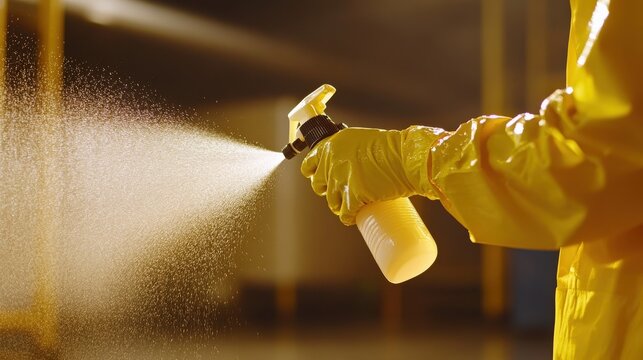 Person in protective gear using spray bottle demonstrating cleaning or disinfection process