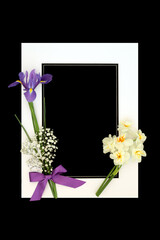 RIP remembrance order of service funeral card deepest sympathy with flowers on white frame on black background. Border design for Rest in Peace condolences.