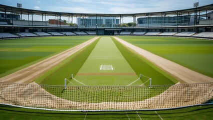 Empty cricket pitch prepared for upcoming net practice