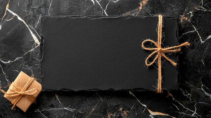 Black Slate Tile with Twine and Brown Package on Dark Marble Surface