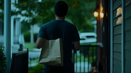 Man with bag entering suburban house representing simple life and routines