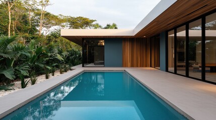 Fototapeta premium Modern minimalistic house design with pool surrounded by lush greenery and large glass windows