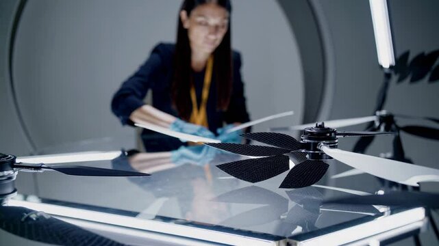 Engineer wearing gloves inspects a high tech drone propeller on a reflective table in a futuristic lab, highlighting advanced aerospace engineering and innovation