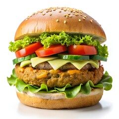 burger with a plant-based patty, lettuce, tomato, avocado, and vegan mayo, on white background