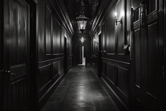 Long Dark Monochrome Corridor with Gothic Architecture Varient 3 - Powered by Adobe