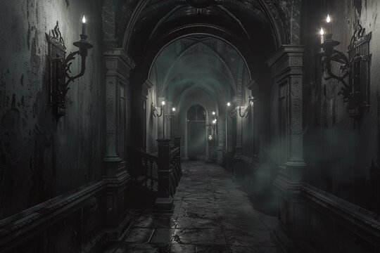 Long Dark Monochrome Corridor with Gothic Architecture Varient 4