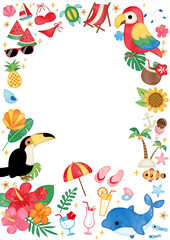 水彩　手描き　夏のトロピカルフレーム　縦