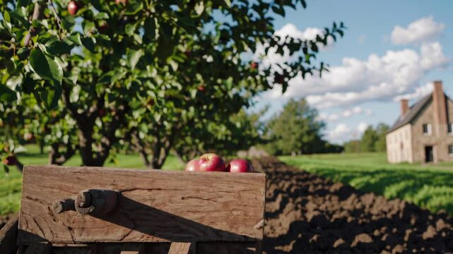 Ripe red apples lie on a rustic wooden crate in the foreground, with rows of apple trees extending into the distance, a farmhouse visible in the background under a blue sky with fluffy white clouds