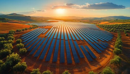 Row upon row of solar panels covering a large field at sunset with surrounding green trees and distant hills under a partly cloudy sky