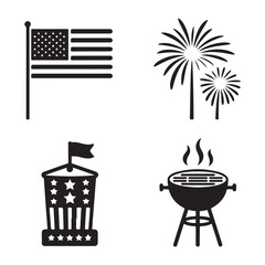American Freedom Silhouette Icons for 4th of July with Flag, Fireworks, and BBQ Illustrations