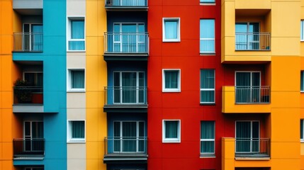 Bright colorful exterior facade of a modern building with balconies and windows