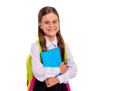 Close-up portrait of her she nice attractive lovely sweet intelligent cheerful cheery positive pre-teen girl nerd scientist holding in hands exercise book isolated over light white grey background