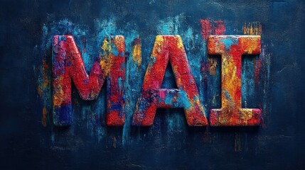 Colorful textured letters spelling 'MAI' against a vibrant blue background, showcasing artistic design