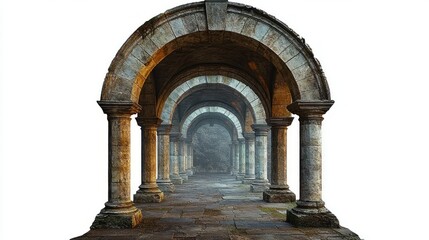 Ancient stone archway corridor with columns fading into mist creating a mysterious and historical atmosphere