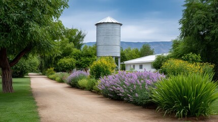 Fototapeta premium Gravel Path with Purple Flowers Leading to a Metal Water Tower and Mountains