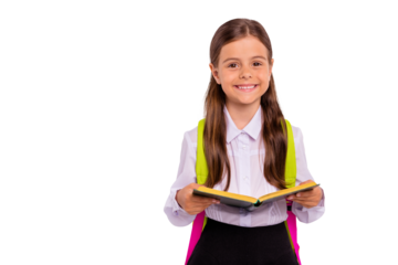 Close-up portrait of her she nice attractive lovely smart clever intelligent cheerful cheery pre-teen girl nerd holding in hands exercise book home work isolated over light white grey background