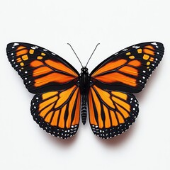Fototapeta premium Close-up of a vibrant orange and black butterfly with detailed patterns on its wings, resting with wings fully spread on a white background