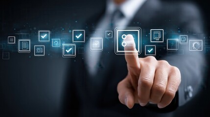 Businessman pointing at icon Businessman hand icon typing on keyboard Floating icon Businessman checking steps in document with checkbox list Concept of rules, guidelines and.