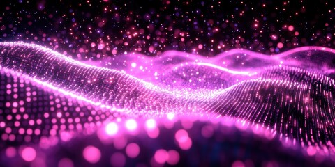 Abstract glowing wave of pink and purple light dots floating in dark space creating a futuristic digital landscape with dynamic depth and energy