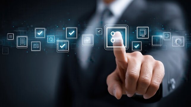 Businessman pointing at icon Businessman hand icon typing on keyboard Floating icon Businessman checking steps in document with checkbox list Concept of rules, guidelines and.