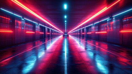 Fototapeta premium A futuristic tunnel illuminated with vibrant blue and red neon lights with a single car driving in the center, reflecting on the wet road surface creating a sci-fi atmosphere