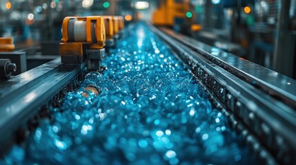 Industrial water treatment facility with flowing water and machinery in the background