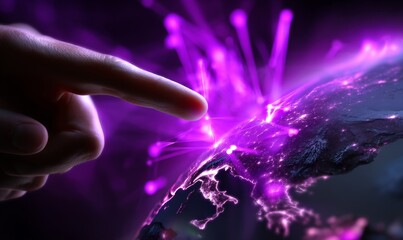 Finger touching Earth with purple light arrow and digital network