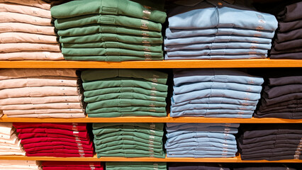 A retail clothing display featuring neatly folded polo shirts in various colors and sizes on wooden shelves.