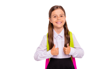 Close-up portrait of her she nice attractive lovely smart clever intelligent cheerful cheery pre-teen girl nerd showing double thumbup advert ad isolated over light white grey background