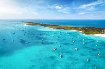 Aerial view of the coast of Stocking Island, The Exumas, Bahamas, with Starfish and Coconut beach