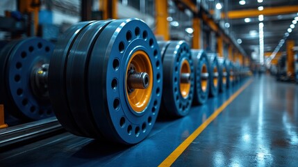Close up view of industrial machinery wheels in a factory setting